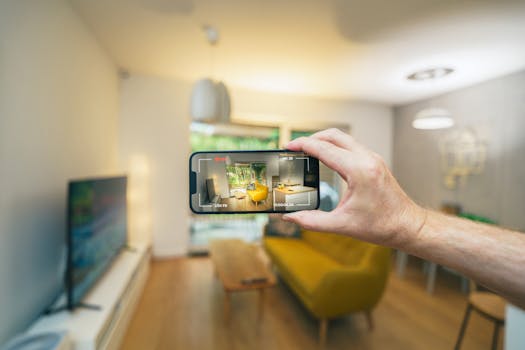 Explore a stylish living room using a smartphone for virtual real estate tours.