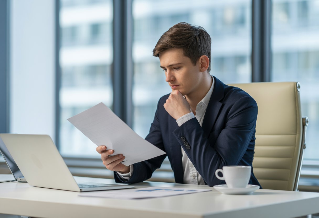 Une personne professionnelle réfléchit assise à un bureau moderne dans un bureau lumineux, examinant une lettre d'offre d'emploi.