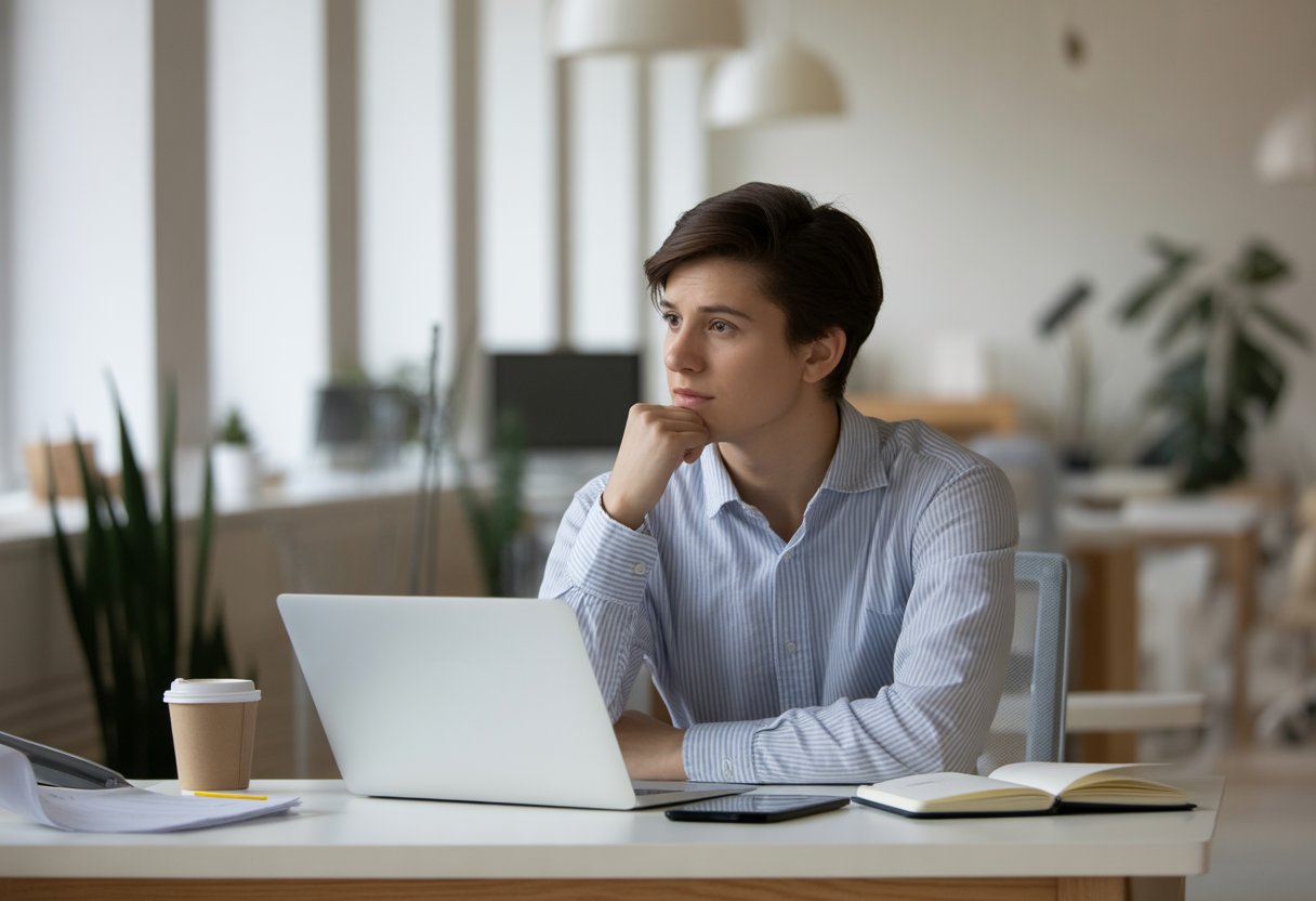 Une personne réfléchie assise à un bureau moderne dans un bureau lumineux, entourée de matériel de travail.