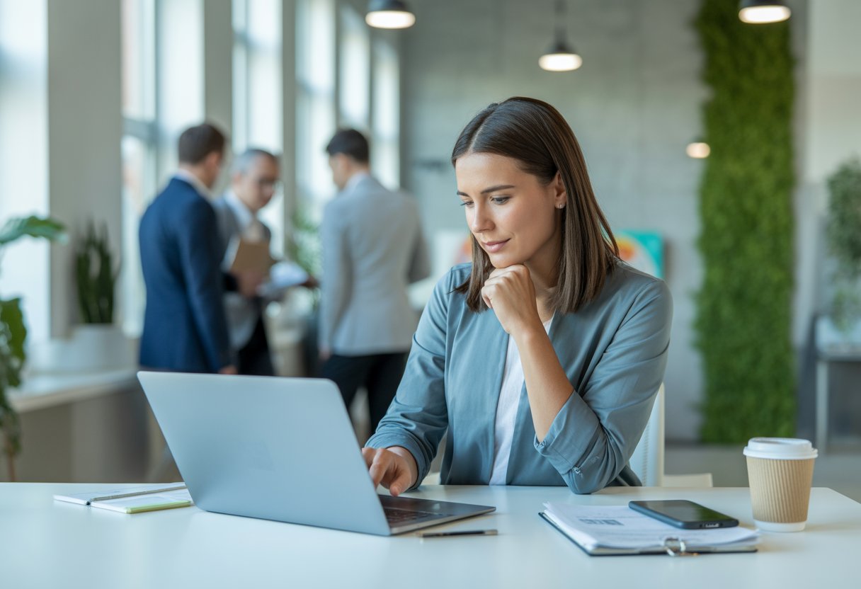 Une femme professionnelle réfléchit devant son ordinateur portable dans un bureau moderne et lumineux.