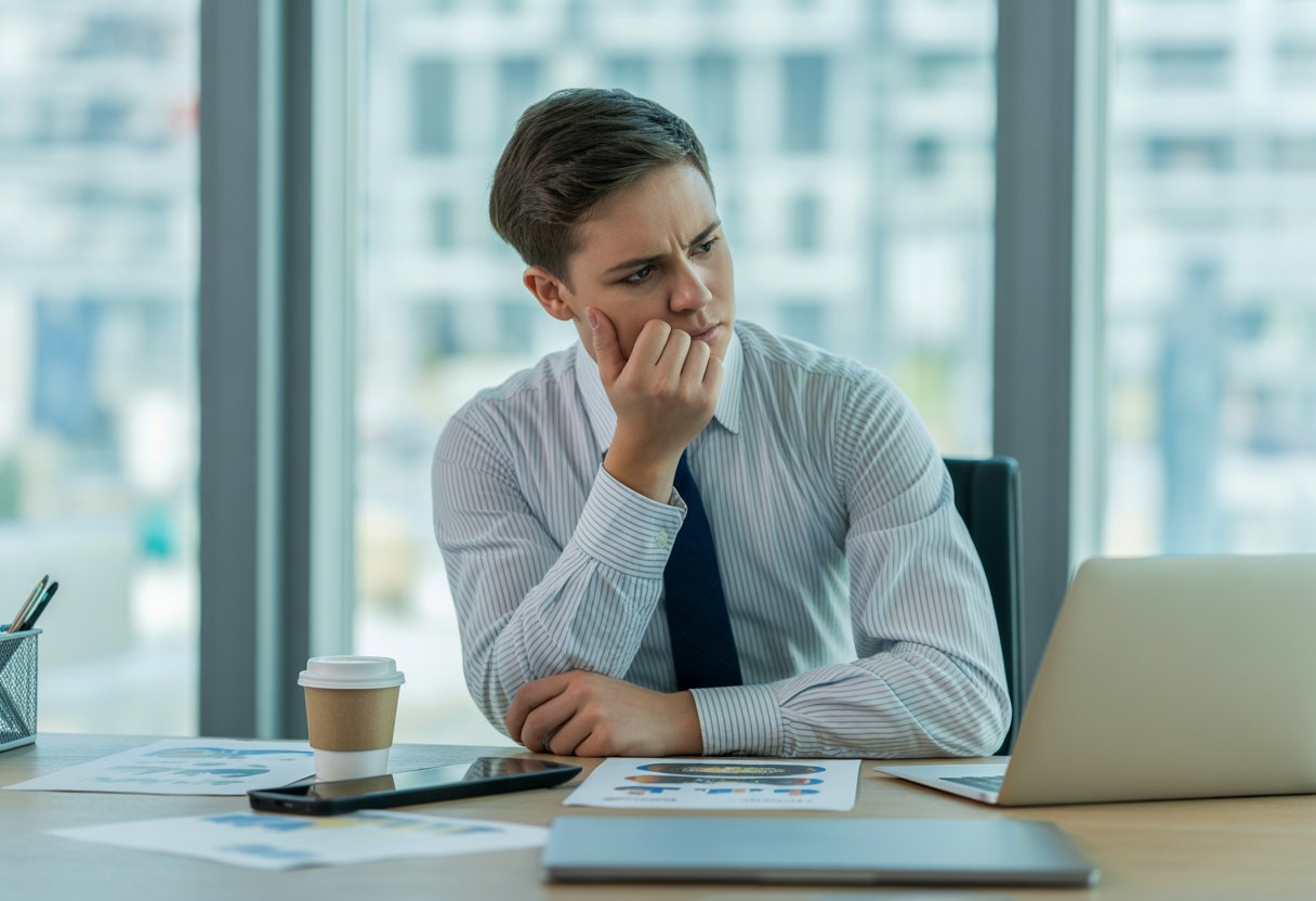 Un jeune adulte assis à un bureau de bureau moderne, l'air pensif et préoccupé, entouré d'objets de travail dans un bureau lumineux avec vue sur la ville.