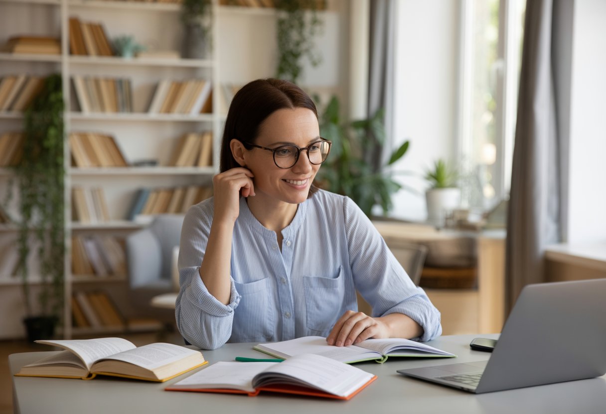 Une femme d'environ 30 ans étudie à un bureau avec des livres et un ordinateur portable dans une pièce lumineuse et organisée.