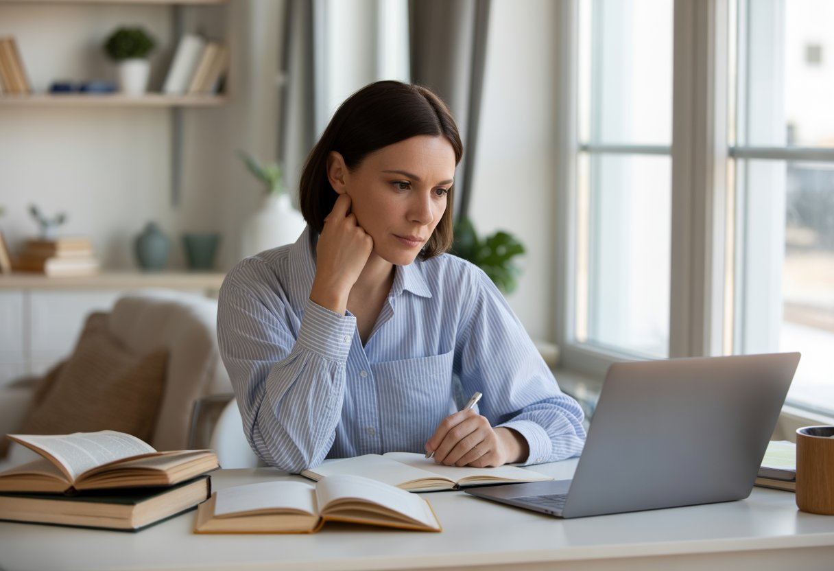 Une femme d'environ 30 ans étudie à son bureau à la maison avec des livres ouverts, un ordinateur portable et des cahiers.