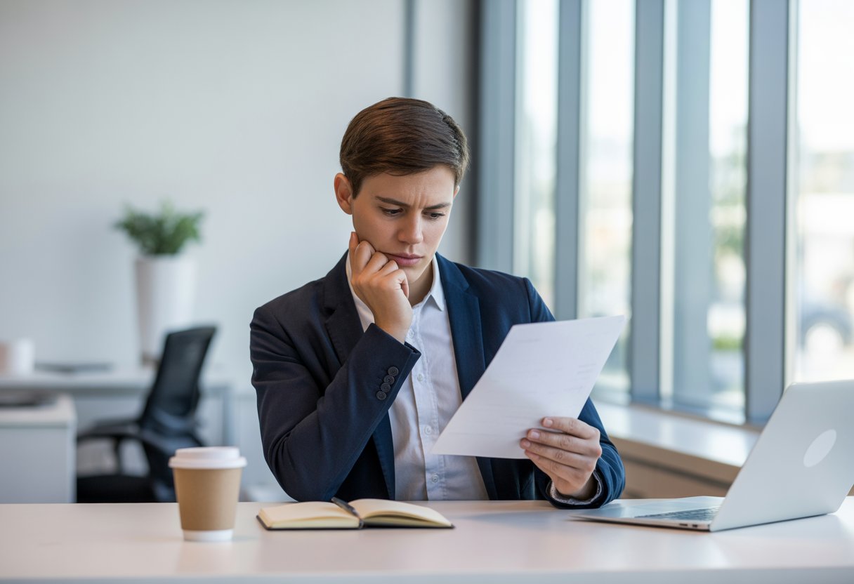 Une personne assise à un bureau de bureau moderne, regardant une lettre d'offre d'emploi avec une expression pensive.